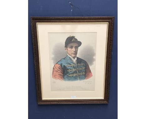 Framed C19th coloured lithograph of the great champion jockey Fred Archer. Published in 1886, bears a facsimile signature of 