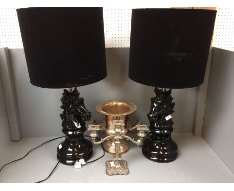 2 'chess' knight lamp & bases with shades, silver plated champagne bucket and 3 branch candlebra (please remember to check co