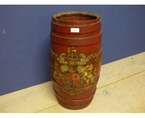 Hardwood coopered barrel painted red with armorial stick stand (please remember to check condition of lots before  bidding at