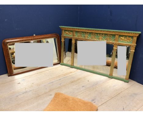 Classical 3 mirrors, over mantle painted in light green & gold, overmantle mirror with a wood frame branded in mahogany and a
