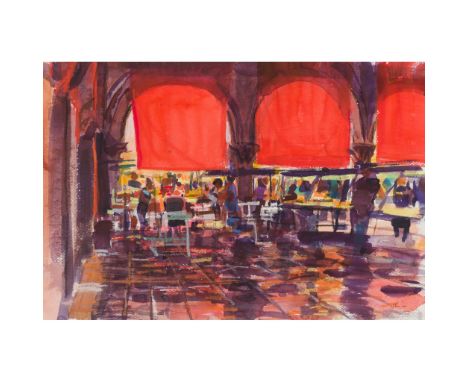 § GEORGE DEVLIN R.S.W (SCOTTISH 1937-2014) RIALTO MARKET Signed lower right, watercolour and pastel(30cm x 44.5cm (12in x 17.