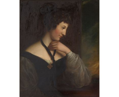 19TH CENTURY SCOTTISH SCHOOL HALF-LENGTH PORTRAIT OF MRS JANE BENNETT IN PROFILE Inscribed to label verso, oil on canvas(76cm