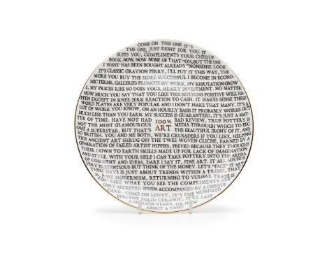 § GRAYSON PERRY C.B.E., R.A. (BRITISH 1960-) '100% ART' PLATE - 2020 Ceramic plate, developed for the Holburne Museum, in col