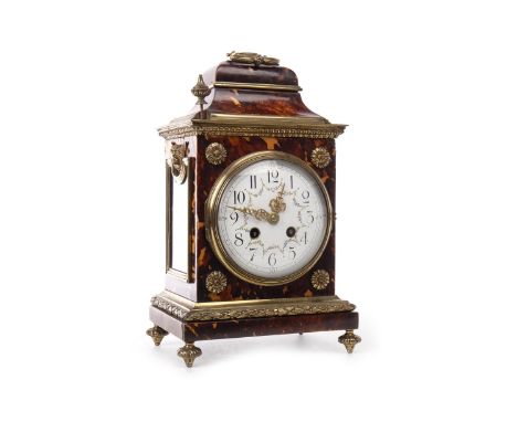 VICTORIAN TORTOISESHELL BRACKET CLOCK, two train eight day movement, the white enamel dial with Arabic numerals and floral sw