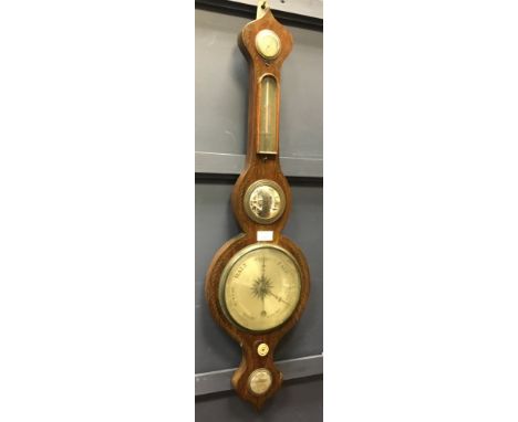 19TH CENTURY WHEEL BAROMETER, the mahogany, onion-top case with painted foliate border, four dials and convex mirror, 96cm hi