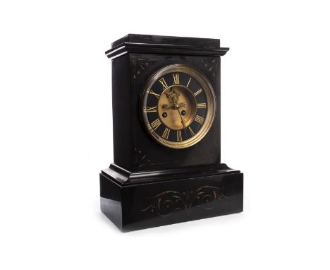 VICTORIAN BLACK SLATE MANTEL CLOCK, two train eight day movement, visible escapement, the black chapter ring with gilt Roman 