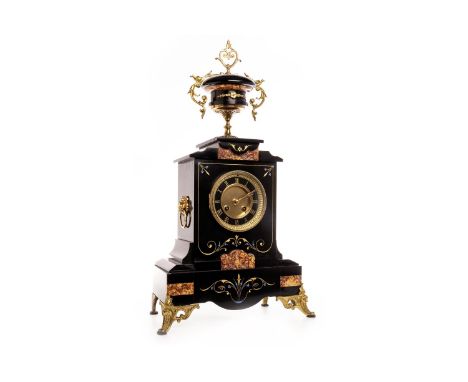 LATE 19TH CENTURY FRENCH BLACK SLATE MANTEL CLOCK, the two train eight day movement by Japy Freres, the slate chapter ring wi