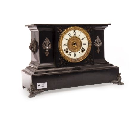EBONISED METAL MANTEL CLOCK, two train eight day movement by Ansonia, white enamel chapter ring with Roman numerals, architec