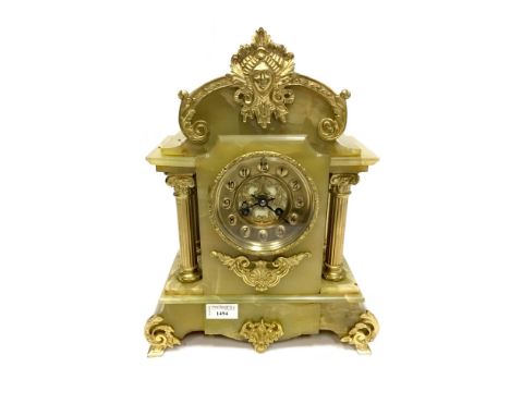 VICTORIAN ORMOLU AND ONYX MANTEL CLOCK, two train eight day movement by AD Moulins, the gilt dial with Arabic numerals, Corin