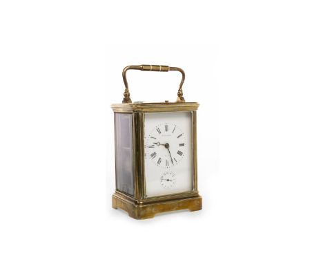 LATE VICTORIAN CARRIAGE CLOCK, the white enamel dial with Roman and Arabic numerals, repeating mechanism with alarm, containe