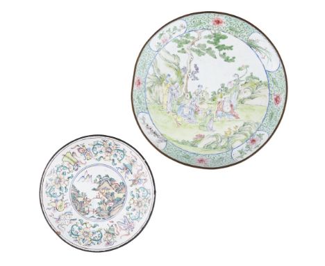 CANTON ENAMEL 'EIGHT IMMORTALS' DISHQING DYNASTY, 18TH CENTURY the Eight Immortals shown seated and standing under a pine tre