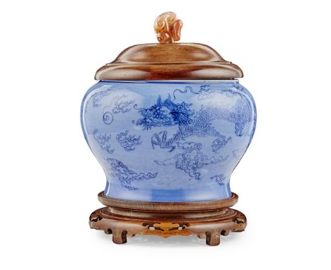 UNDERGLAZE-BLUE-DECORATED BLUE-GROUND 'DRAGON' JARSIX-CHARACTER CHENGHUA REIGN MARK BUT KANGXI PERIOD of baluster form, suppo