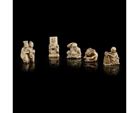 THREE IVORY NETSUKE AND TWO BONE NETSUKEMEIJI PERIOD comprising: a man sharpening a knife, signed Mitsumasa; two actors perfo