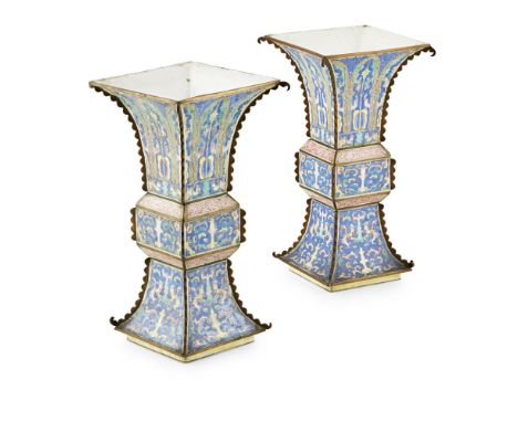 PAIR OF CANTON ENAMEL VASES, FANG GUQING DYNASTY, 18TH/19TH CENTURY each of square section, the four sides separated by flang