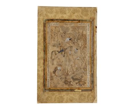 PERSIAN ALBUM PAGESIGNED BY MUHAMMAD, DATED AH 1093/AD 1714 pen, ink and gouache on paper laid down on card, a miniature depi