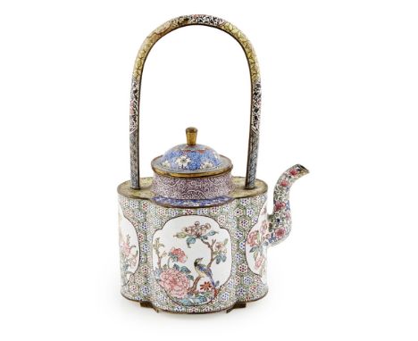 CANTON ENAMEL TEAPOT AND COVERQING DYNASTY, 18TH CENTURY the quatre-lobed teapot finely enamelled with four quatre-lobed pane