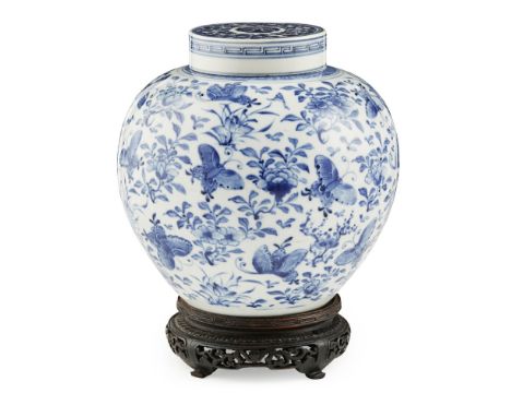 BLUE AND WHITE 'BUTTERFLIES' OVOID JARQING DYNASTY, 18TH/19TH CENTURY painted with a myriad of butterflies amidst flowering l