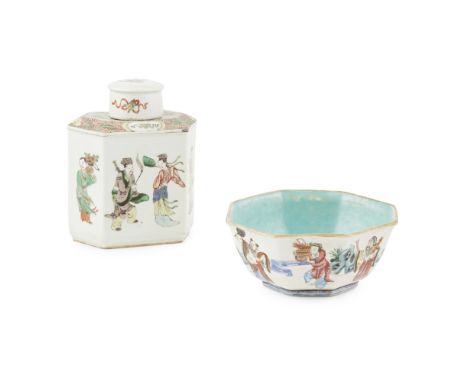 FAMILLE VERTE 'EIGHT IMMORTALS' TEA CADDYQING DYNASTY, 19TH CENTURY of hexagonal section, well painted on the exterior with t