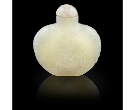 WHITE JADE 'ELEPHANT' SNUFF BOTTLEQING DYNASTY, 19TH CENTURY of flattened oval shape, carved in low relief and incised to dep