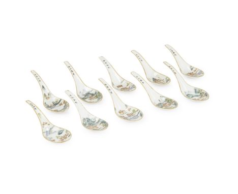 TEN FAMILLE ROSE SPOONS WITH FAMOUS VIEWS OF JIANGXITONGZHI MARK AND OF THE PERIOD delicately painted with ten different land