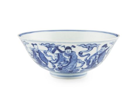 BLUE AND WHITE 'EIGHT IMMORTALS' BOWLRONG YIN TANG ZHI MARK, QIANLONG PERIOD the deep rounded sides rising from a short strai