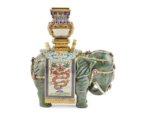 CLOISONNÉ ENAMEL AND SPINACH-GREEN JADE 'ELEPHANT AND VASE' GROUPthe spinach green jade caparisoned elephant carved standing 