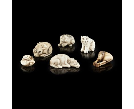 COLLECTION OF SIX IVORY NETSUKE DEPICTING ANIMALSTWO SIGNED GYOKUSEKI, MEIJI PERIOD comprising: a rat; a horse, signed Gyokus