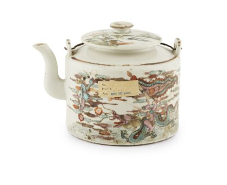 QIANJIANG ENAMEL TEAPOT AND COVERSIGNED FANG SHAOXI, 19TH CENTURY painted with a scene from Investiture of the Gods depicting