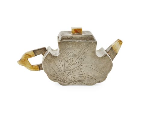 PEWTER-ENCASED YIXING STONEWARE TEAPOT AND COVERBY FAN LUZENG AND ZHI AN, LATE QING DYNASTY the teapot of archaistic form, th