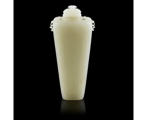 WHITE JADE VASEQIANLONG MARK BUT LATER of flattened baluster form surmounted by a ribbed stopper, the two wider sides finely 
