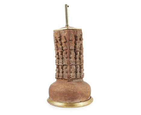 TERRACOTTA STUPAthe square column supported on a semi-spherical base, three sides moulded with Buddhas and Bodhisattvas arran