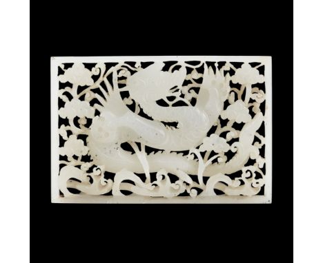 WHITE JADE PIERCED 'DRAGON' PLAQUELATE QING DYNASTY the rectangular plaque carved and pierced with a sinuous dragon striding 