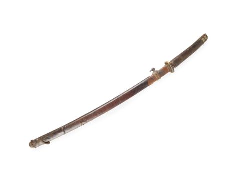 KATANACIRCA 1930 of military type with leather bound white ray skin grip, single rivet hole blade tang, slightly curved singl