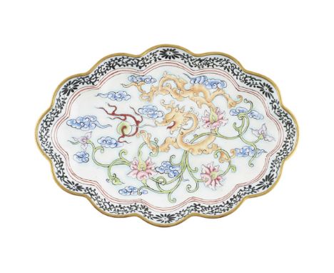 CANTON ENAMEL 'DRAGON' SNUFF DISHLATE QING DYNASTY of lobed form, the interior painted with the dragon striding amongst wisps