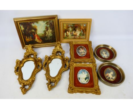 Lot to include reproduction portrait miniatures, a pair of gilt plaster framed wall mirrors (33 cm height) and similar. [W]