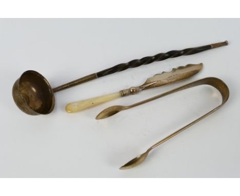 A Victorian silver and baleen toddy ladle, Sheffield assay 1855, a pair of silver sugar tongs and other. [W]