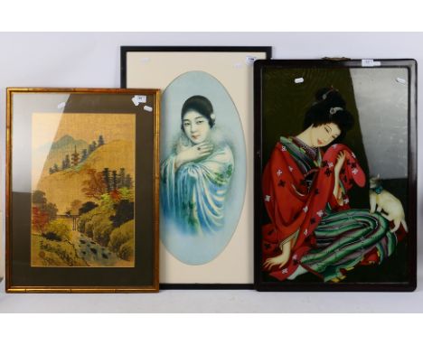 Three Oriental pictures comprising a a portrait of a lady painted on glass, portrait print and landscape scene, largest appro