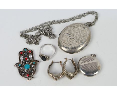 Lot to include a silver photograph locket with engraved decoration, another, stamped Silver with engine turned decoration, a 