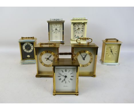 A collection of contemporary carriage clocks to include Junghans, Metamec, London Clock Co and similar. [W]
