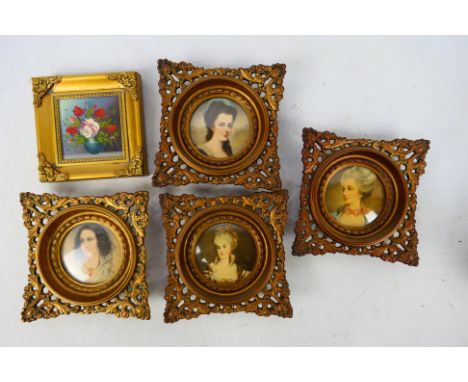 A set of four reproduction portrait miniatures and a small framed oil on board still life. [W]