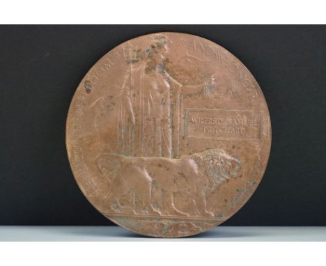A British World War One Death Plaque, Named To No.267161 L/Cpl Wilfred Samuel Pritchard Of The Northumberland Fusiliers Who W