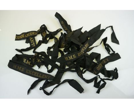 A Collection Of Approx Twelve British Royal Navy Cap / Hat Tallies To Include HMS Antrim, HMS Bulwark, HMS Raleigh, HMS Hermi
