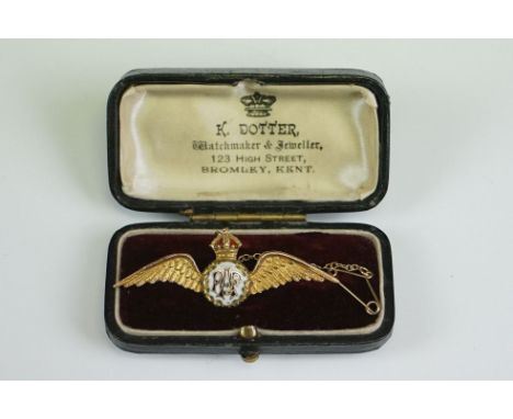 An Antique Royal Air Force / RAF 9ct Gold And Enamel Kings Crown Sweetheart Brooch Complete With Safety Chain And Original Re