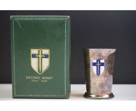 A British World War Two Second Army 1943-1945 Fully Hallmarked Sterling Silver Cup With Enamel Emblem In Original Presentatio