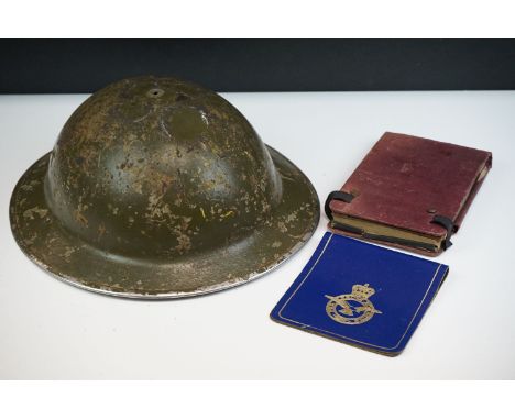 A British World War Two Helmet Together With An Army Notebook No.153 And An Air Force Folder. 