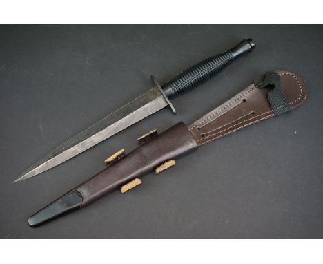 A British Fairbairn Sykes British Commando Dagger 6-7/8" Black Blade With Leather Sheath, Marked Sheffield England Together W