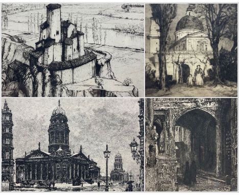 Hester Frood (New Zealand 1882-1971): Hilltop Castle, etching signed in pencil; Léon Gaucherel (French 1816-1886): Cathedral 