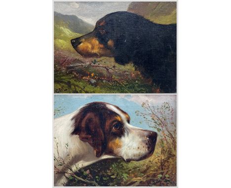 English School (Late 19th to early 20th century): Portrait of Two Hunting Dogs, pair oils on canvas signed with initials 'CML
