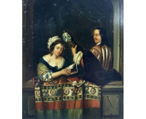 After Caspar Netscher (Dutch 1639-1684): Girl Singing with a Lute Player on a Balcony, 20th century oil on copper unsigned 19