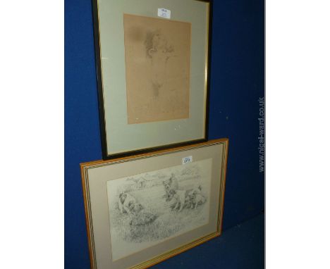 A pencil sketch of a baby initialled L. R. H. together with a limited edition print of terriers signed Joy Hawker
